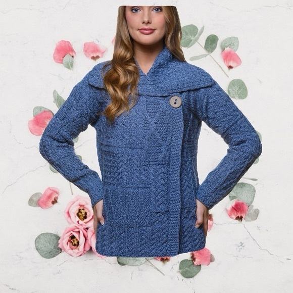 IRISH PATCHWORK CARDIGAN WITH COLLAR IN 100SOFT MARINO WOOL SIZE MEDIUM - Picture 2 of 11